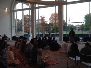 Muslim students and community members pray at the Top of the Hop.