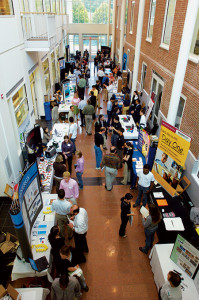 At center is an image of the 2015 Career Fair at the Thayer School of Engineering, flanked by the logos of some of the companies on the fair’s growing list of participants. The fair is just one component of the maturing structure of tech recruiting at Dartmouth