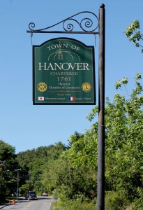 A welcome sign to Hanover, NH.